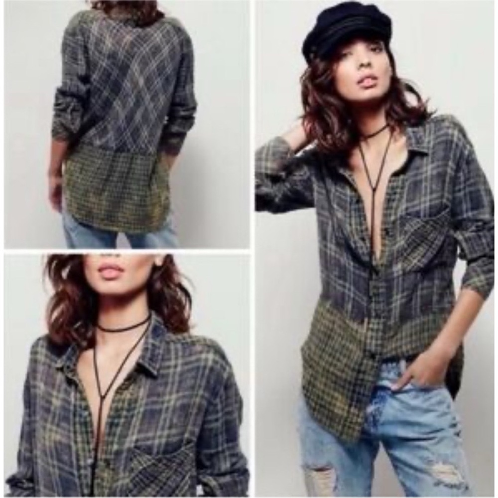 Free People Plaid Button Down Shirt in Gray and Green